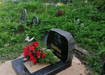 Памятник таксе по имени Джонни из черного гранита с гравировкой портрета, датами и гранитной оградой на могиле