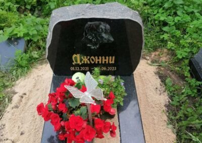 Graniidist mälestuskivi koerale taks portree ja nimega Johnny Гранитный памятник собаке таксе с портретом и гравировкой имени Джонни