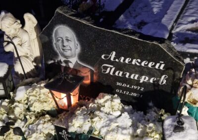 Гранитный памятник с художественной гравировкой портрета и профессиональной установкой на кладбище в Таллине.