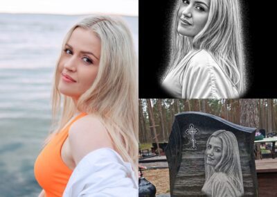 Пример художественной ретуши фото и гравировки портрета на гранитном памятнике в Таллине — коллаж до и после.