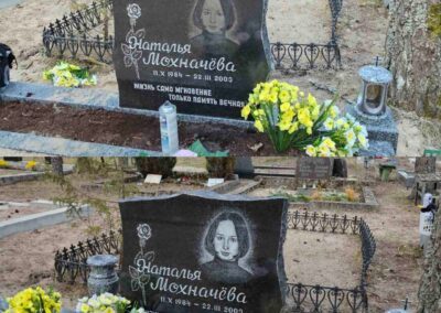 Пример реставрации гранитного памятника: обновление выцветшего портрета и букв до и после работы мастеров Avrora Kivi OÜ.