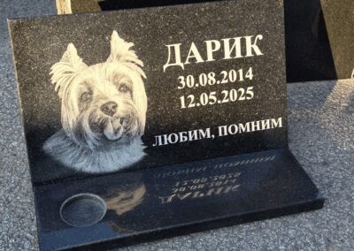 Гранитный памятник для собаки породы йоркширский терьер с гравировкой имени Дарик